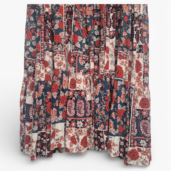 Boho Patchwork Floral Paisley Maxi Dress Vneck Tiered Puff Sleeve Red Navy Cream - Picture 6 of 12